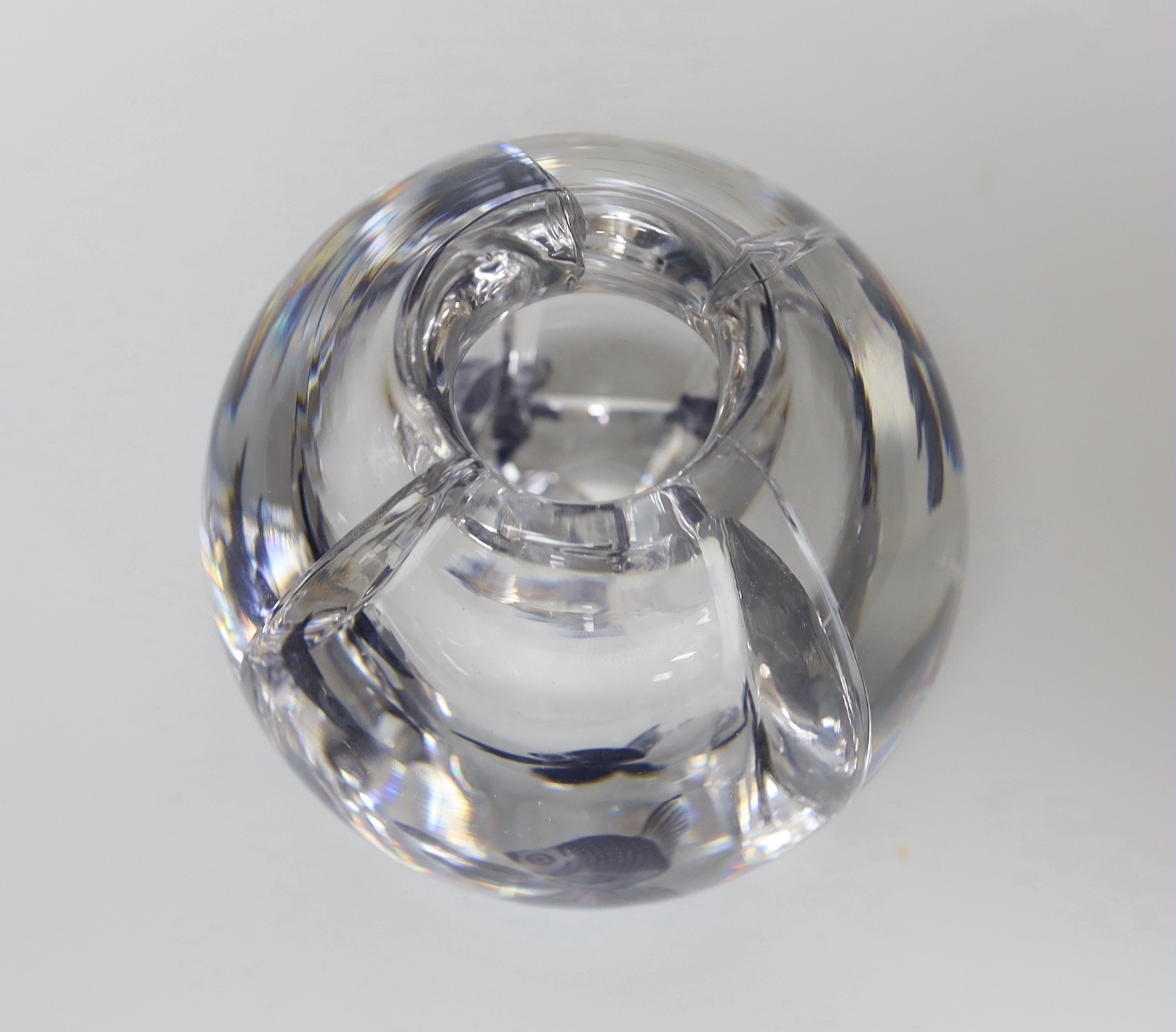 An Orrefors glass Graal fish vase by Edward Hald, signed to the base, 12cm high